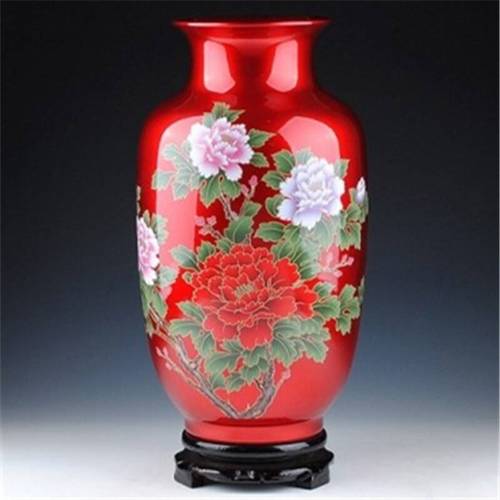 景德镇市水晶釉花开富贵花瓶陶瓷摆件陶瓷收藏品陶瓷工艺品 红色反光